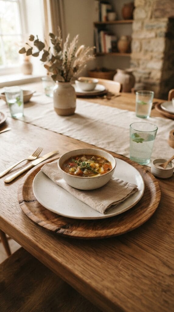 16 Fall Centerpiece Ideas for Your Dining Table 8 A rustic round wooden charger plate beneath a simple white dinner plate.