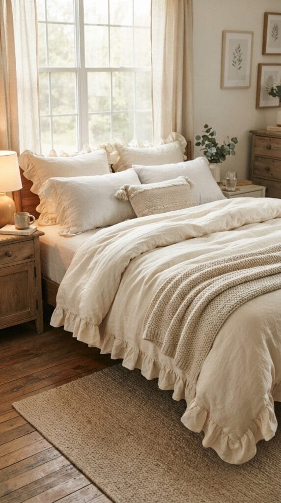 Vintage Princess Bedroom Ideas That Feel Like a Storybook Come to Life 7 A soft cream linen duvet cover featuring ruffled edges styled on a bed.