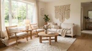 Sunlit Scandinavian living room decorated with warm wood accents and neutral textiles.