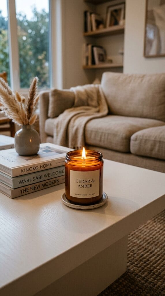 An amber glass jar candle lit on a modern white coffee table.