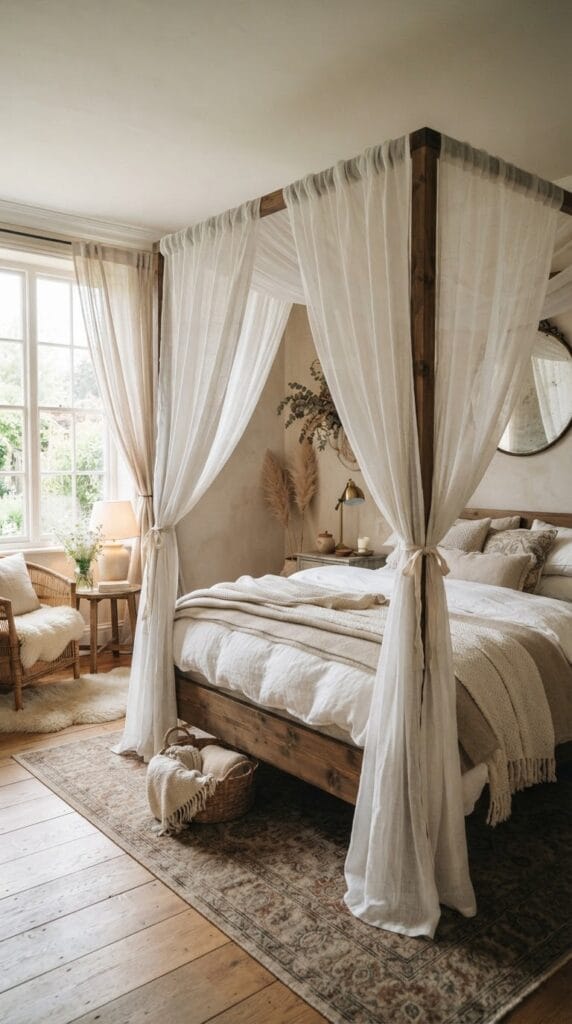 Vintage Princess Bedroom Ideas That Feel Like a Storybook Come to Life 2 A sheer white canopy draped gracefully over a classic bed frame in daylight.