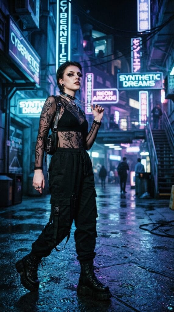 A sheer black mesh tattoo-print top paired with casual black cargo joggers.