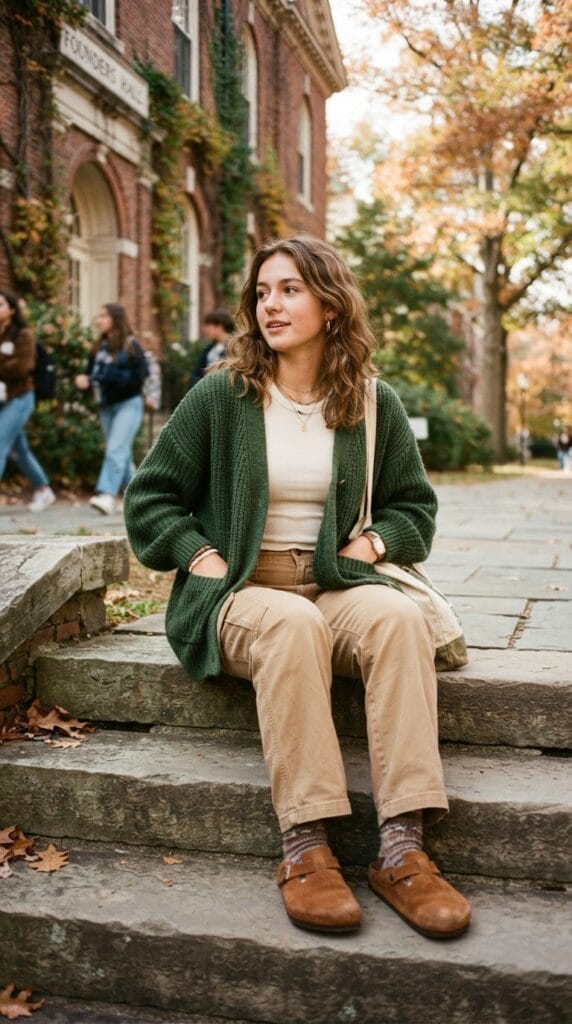 Forest green chunky cardigan and tan cargo trousers on stone school steps.