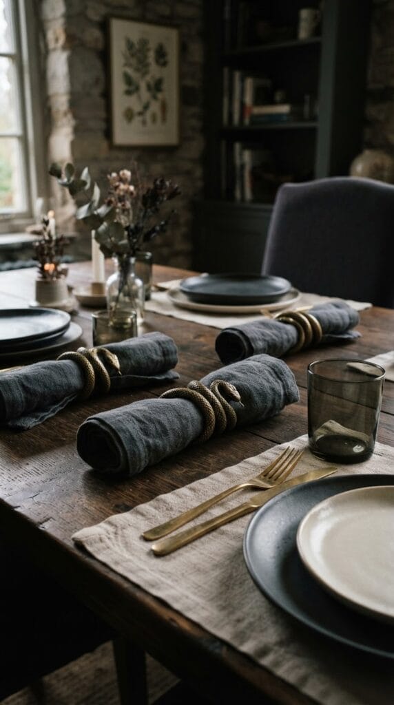 15 Halloween Table Decor Ideas for a Spooky Dinner Party 16 Snake-shaped brass napkin rings holding folded linen napkins on plates.
