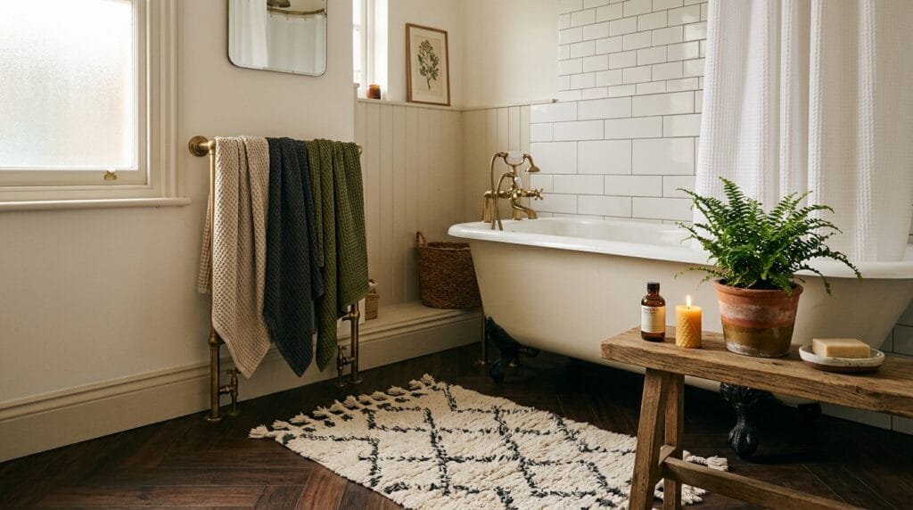 Soft bathroom decor showing a woven bath rug and green potted fern.