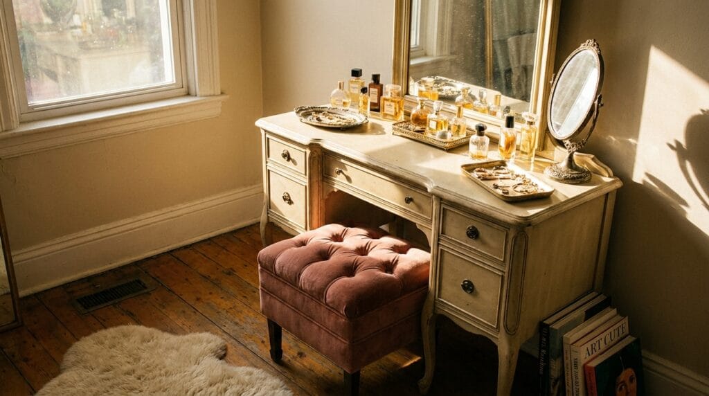 A cozy, bright vanity area styled with a round tufted velvet stool.