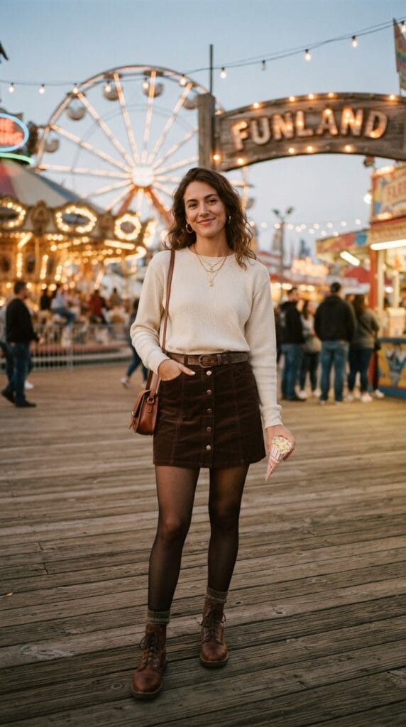 A cream waffle-knit shirt tucked into a brown corduroy button-front mini skirt.