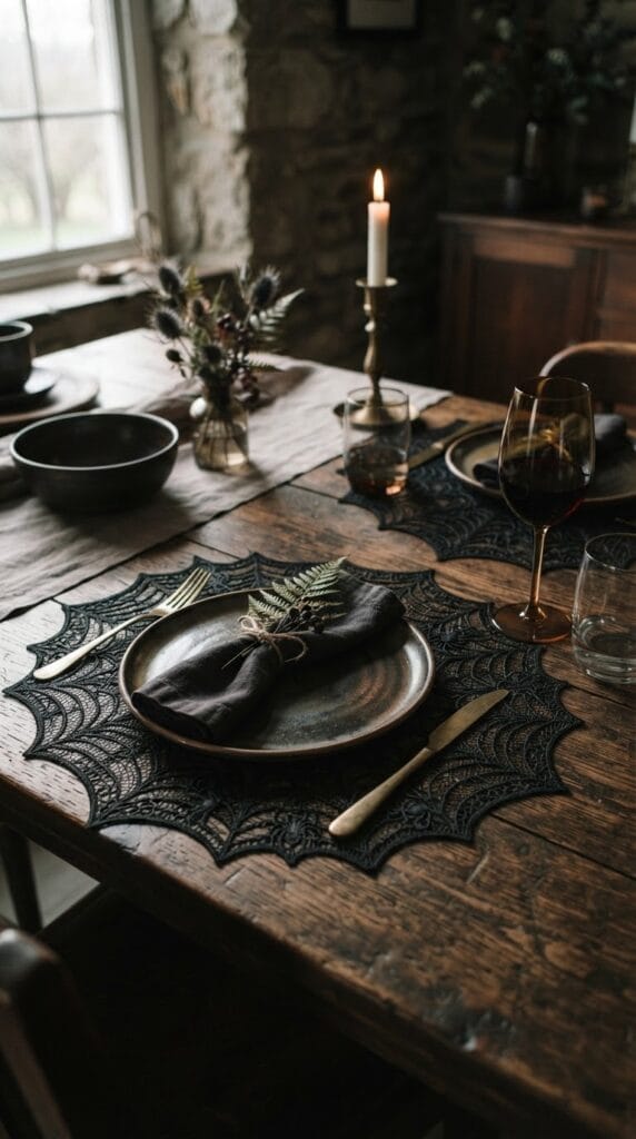 15 Halloween Table Decor Ideas for a Spooky Dinner Party 8 Black spiderweb lace placemats laid out neatly under dark plates.