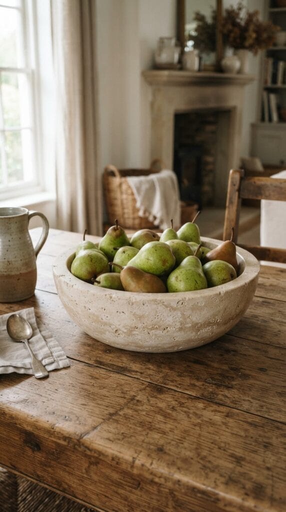 16 Fall Centerpiece Ideas for Your Dining Table 10 A raw travertine stone bowl holding fresh green pears on a table.