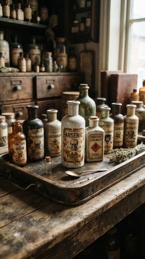 20 Halloween Decor 2026 Ideas for a Spooky Stylish Home 12 Three ceramic apothecary jars labeled as poison bottles styled on a tray.