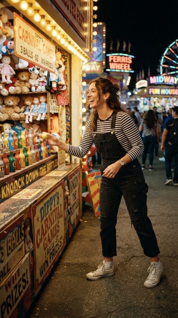 A black-and-white striped long-sleeve tee worn under black denim overalls.