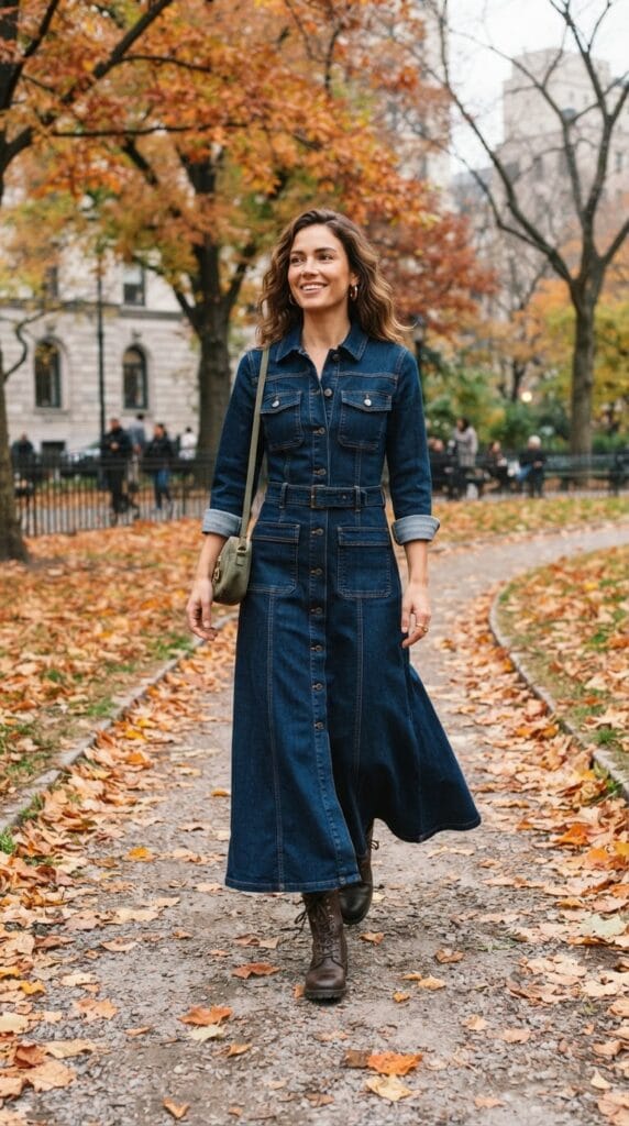 Indigo structured denim utility maxi dress styled with boots in a park.
