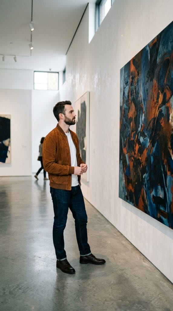 Man in a cognac suede bomber jacket standing in a gallery.