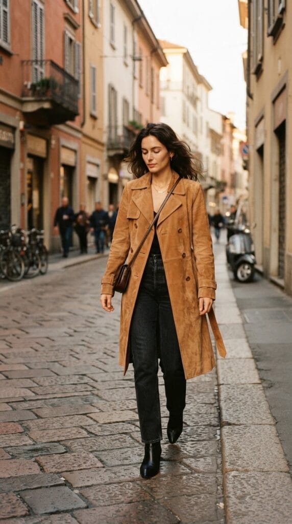 Model in brushed suede trench coat and dark-wash denim on Milan street.