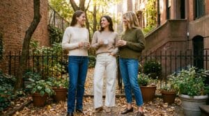 Three women wearing various stylish sweater and jeans combinations in an autumn courtyard.