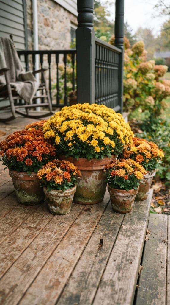 The Ultimate Fall Front Porch Decor Checklist You Need 10 Several weathered clay terracotta planters filled with vibrant orange and yellow blooming mums.