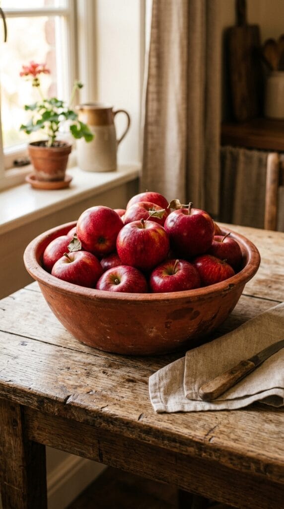 A rustic terracotta serving bowl filled with red apples on a table.