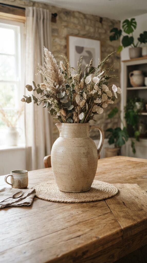 A tall beige textured ceramic pitcher vase holding dried branches on a table.