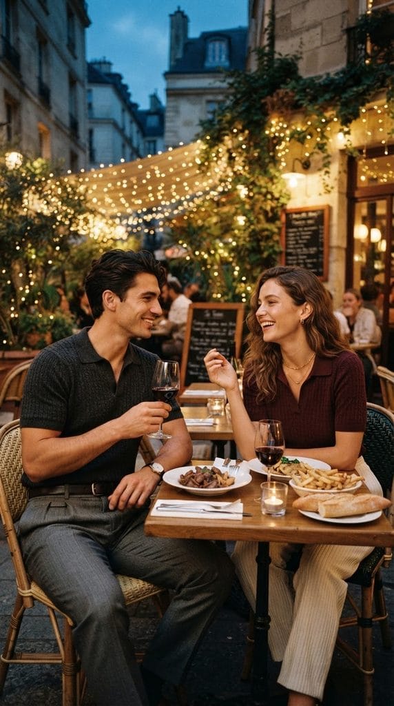 Elegant couple wearing textured knit polo shirts dining on a warm bistro terrace.
