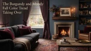 A warm, moody living room featuring deep burgundy textiles, ceramics, and glowing candles.