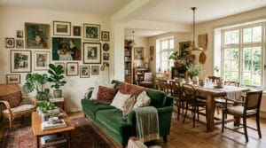 A sunlit, vintage eclectic home interior blending classic furniture with layered textiles.