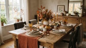 A beautifully styled autumn dining table with warm linen, amber glassware, and candles.