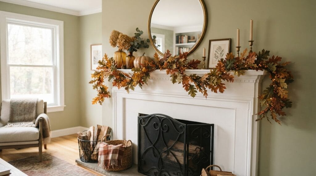 This Viral Fall Mantle Garland Is Selling Out Everywhere 2 Faux rust-colored oak leaf garland draped over a classic white fireplace mantel.