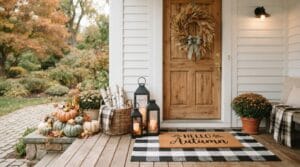 A beautifully decorated autumn front porch featuring a wreath, lanterns, pumpkins, and rugs.