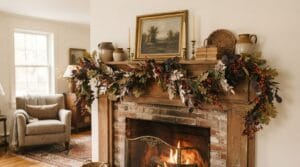 Fireplace mantel decorated with vibrant autumn garlands in a warm, naturally lit living room.