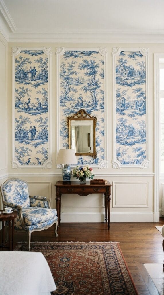 Vintage Princess Bedroom Ideas That Feel Like a Storybook Come to Life 9 Traditional blue and white toile pattern wallpaper panels applied to a bedroom wall.