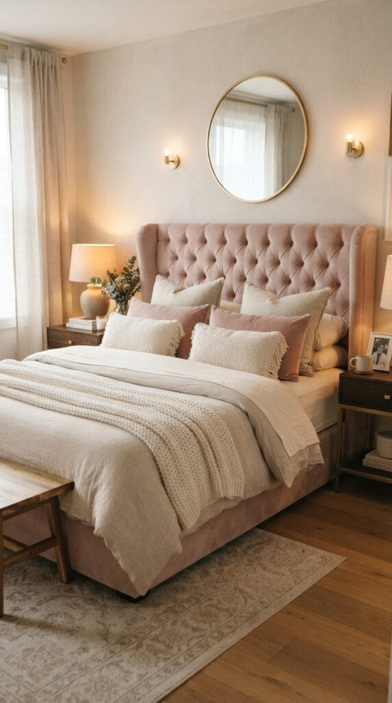 Vintage Princess Bedroom Ideas That Feel Like a Storybook Come to Life 5 A soft pink tufted velvet headboard framed by warm, gentle bedroom lighting.