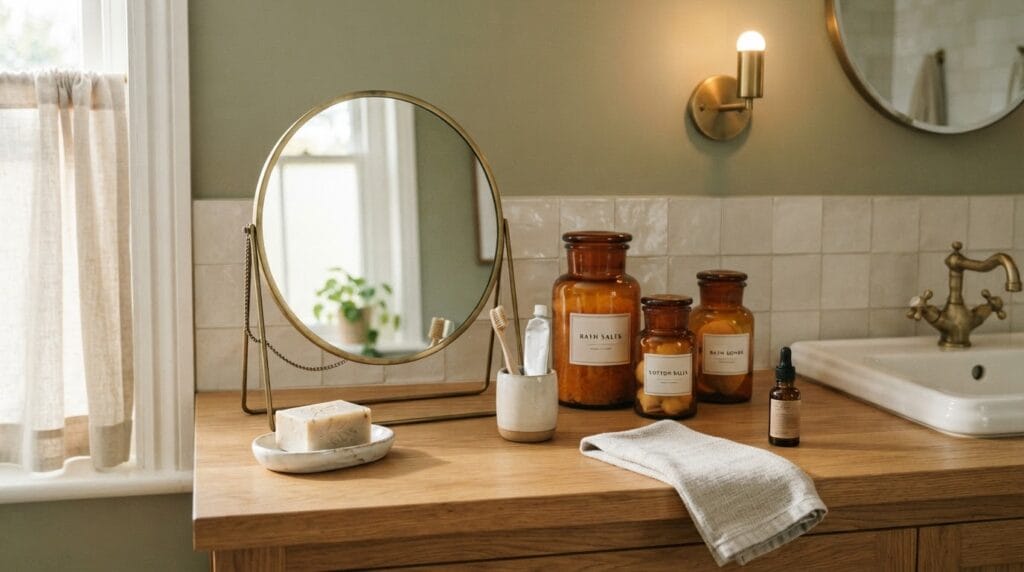 A vanity counter with amber glass jars and a brass-framed mirror