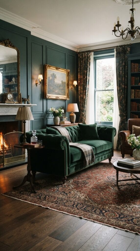 A luxurious deep green velvet Chesterfield sofa styled with simple neutral throw pillows.