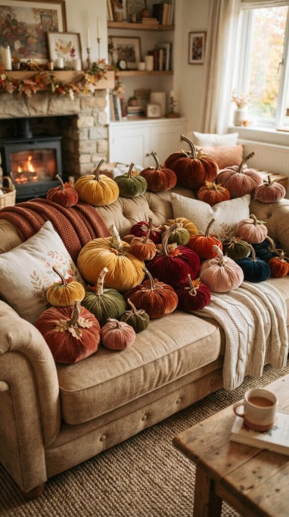20 Halloween Decor 2026 Ideas for a Spooky Stylish Home 6 A collection of plush velvet pumpkins in muted autumn colors on a sofa.