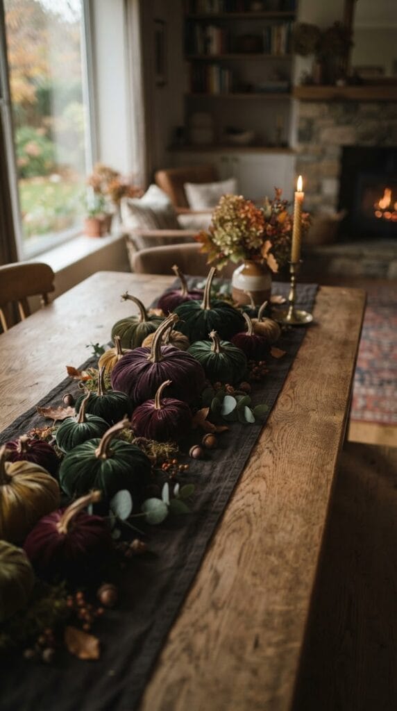 15 Halloween Table Decor Ideas for a Spooky Dinner Party 7 Assorted soft velvet pumpkins in dark plum and green colors.