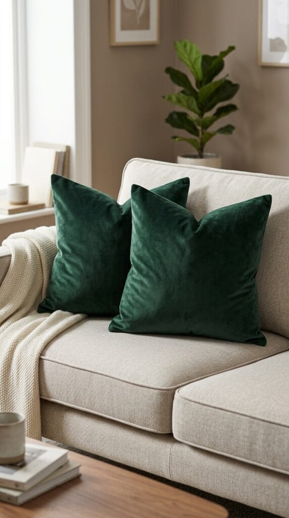 Two soft velvet throw pillow covers in deep forest green on sofa.