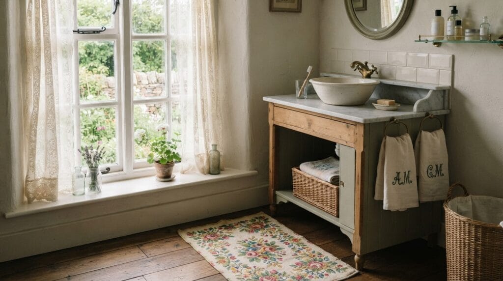 A cozy bathroom window with lace curtains and a floral bath mat nearby