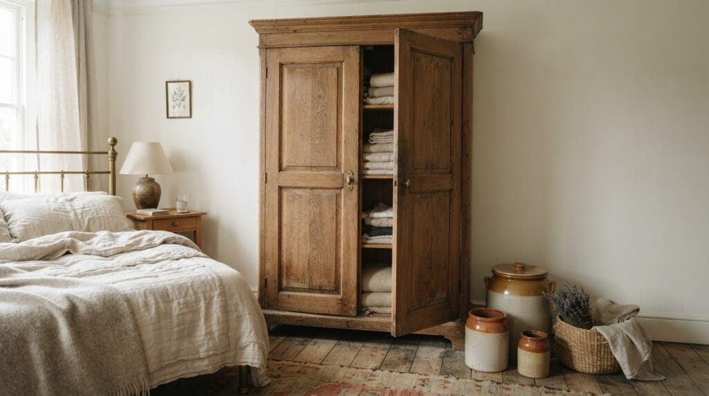 A rustic wooden wardrobe standing next to a nightstand with ceramic storage jars.