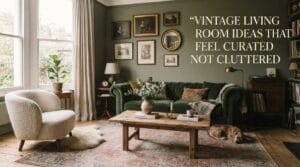 A beautifully balanced vintage living room featuring a green velvet Chesterfield sofa and rustic wood table.