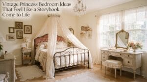 An elegant vintage bedroom featuring romantic draped fabrics, antique furniture, and gold accent pieces.