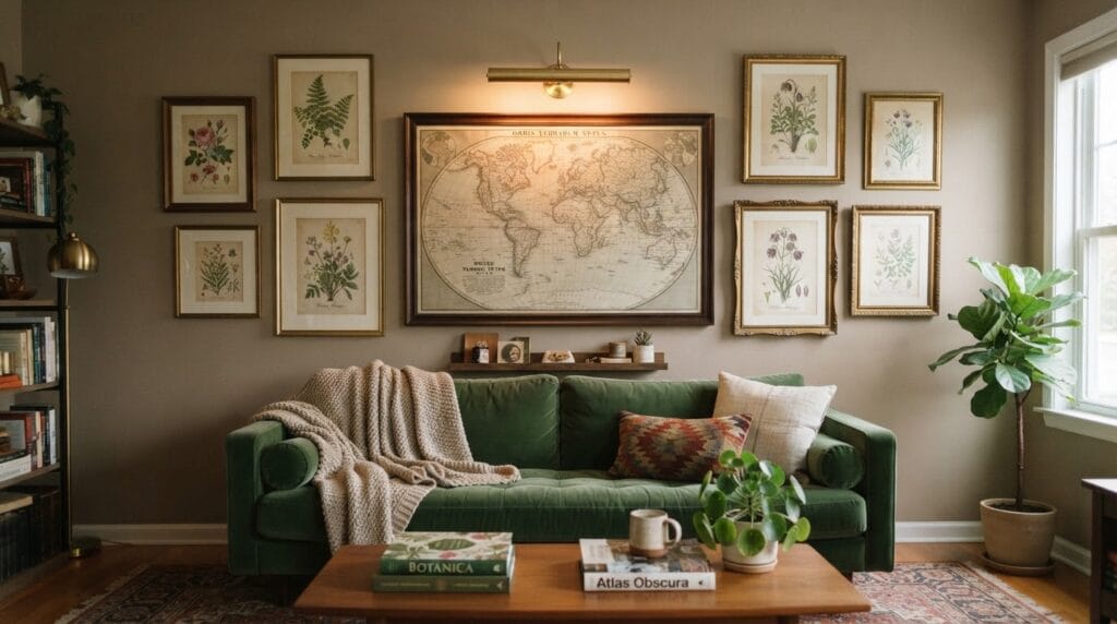 A living room gallery wall with vintage maps and framed botanical prints.