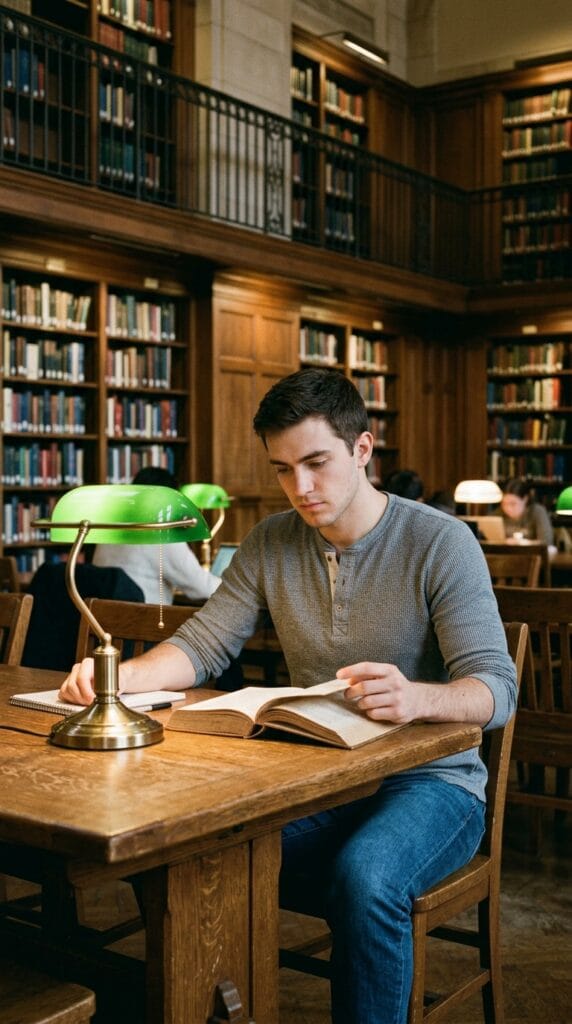 Man wearing a grey waffle-knit henley in a library.