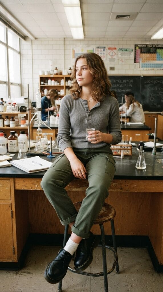 Grey waffle-knit henley layered with olive green canvas trousers in a lab.