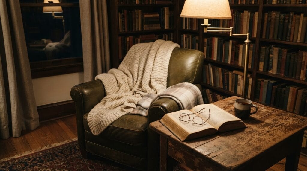 A warm reading nook featuring a vintage lamp and wooden side table.