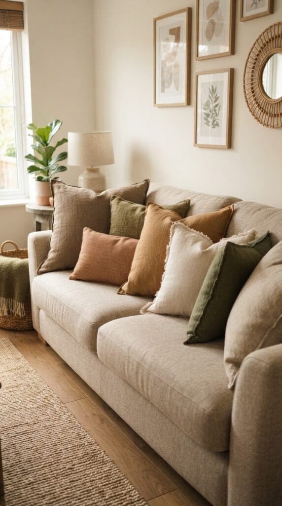Textured linen throw pillows in soft beige and olive green on a sofa.