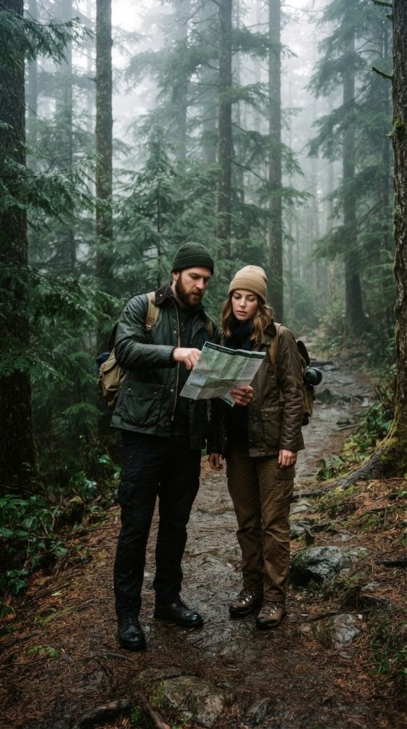 Couple wearing green and brown wax-coated utility jackets on a misty forest trail.