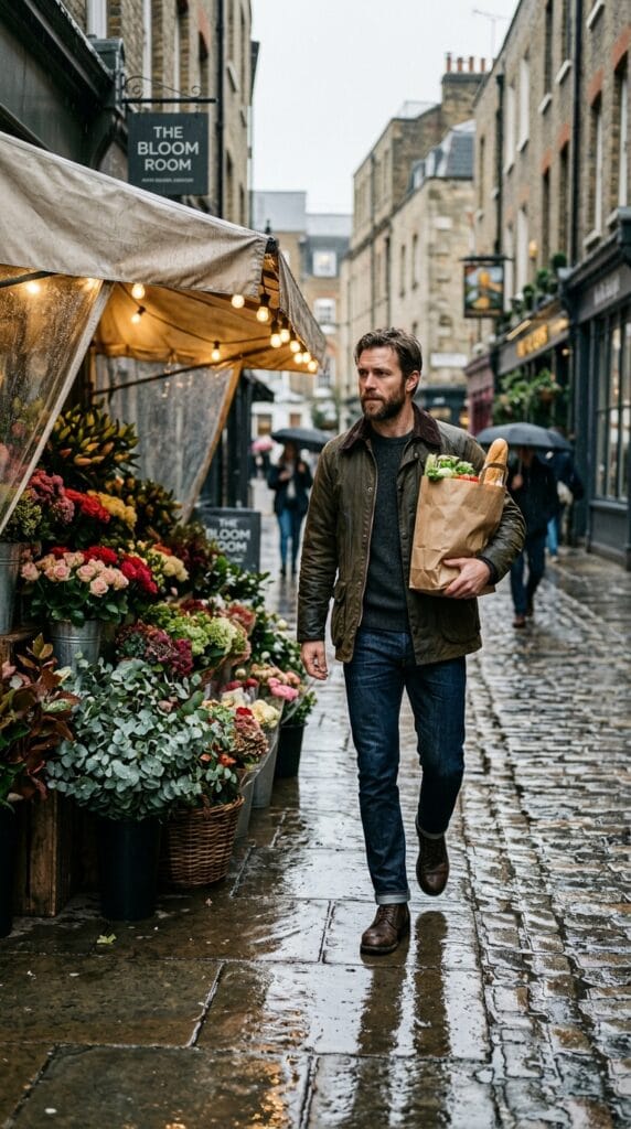 Man wearing an olive waxed canvas jacket on a damp street.