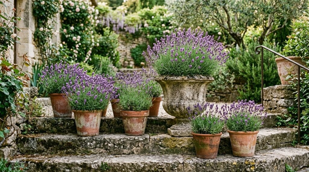 Weathered terracotta pots and stone pedestal urns styled with fresh garden flowers.