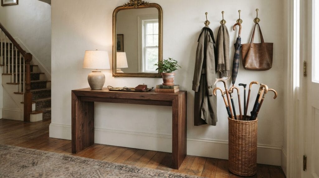 An organized vintage entryway with a wicker umbrella stand and wood console.