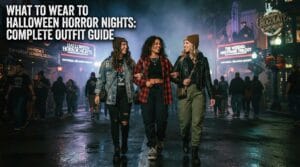 A group of stylish women in fall outfits walking down a misty theme park street.